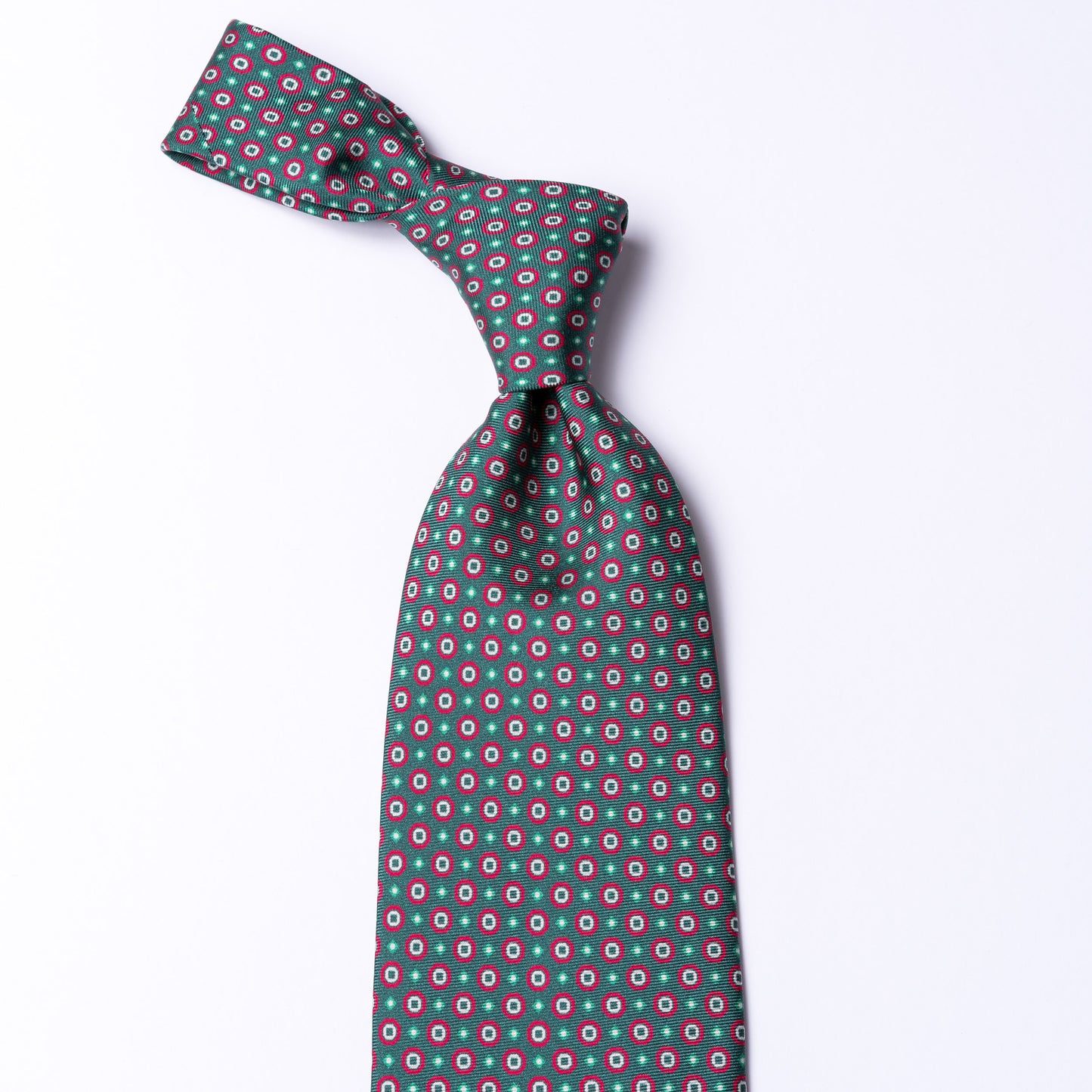 Green pure silk tie with red floral pattern