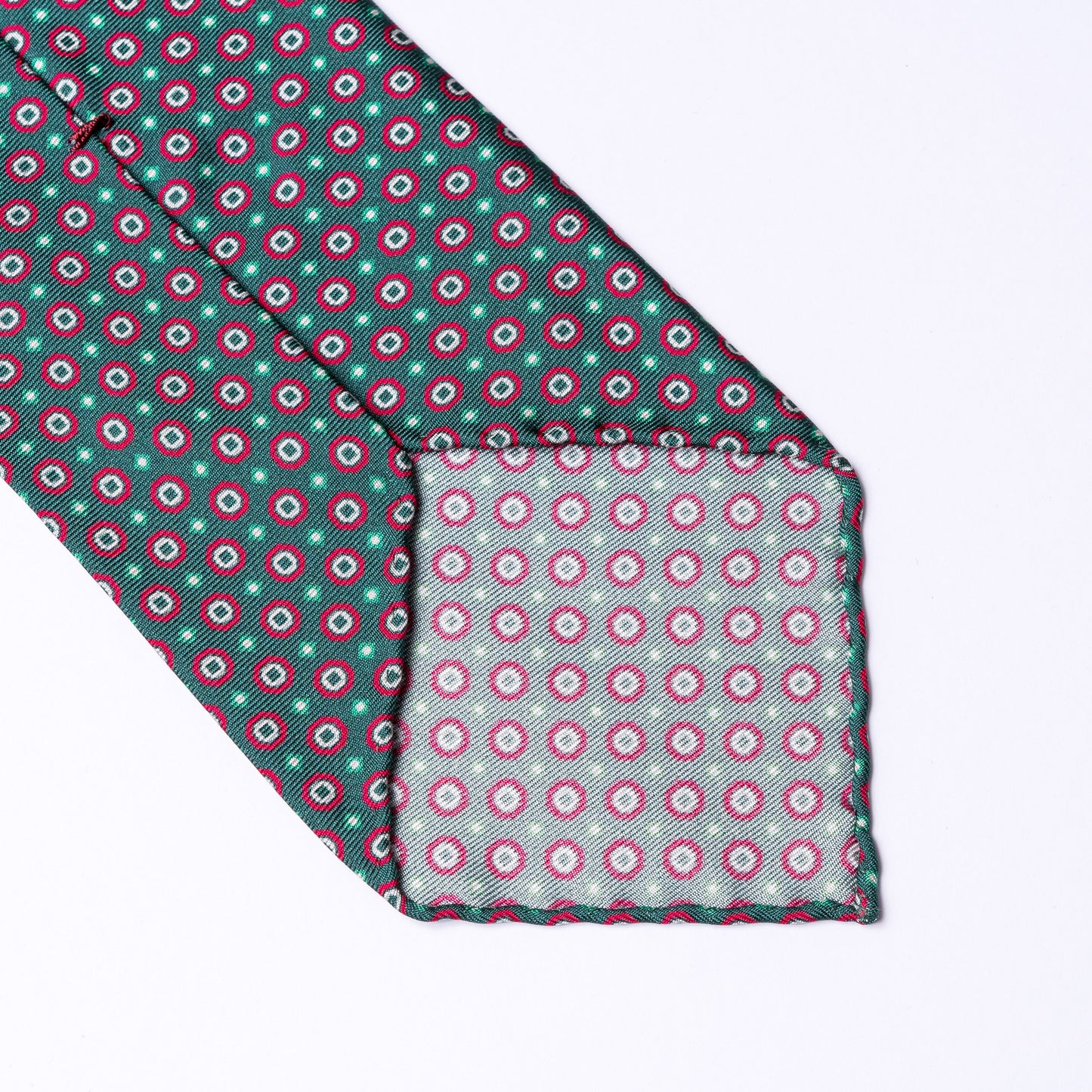 Green pure silk tie with red floral pattern