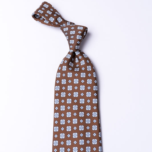 Brown tie made of pure silk with floral print