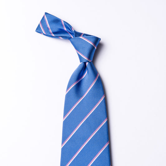 Blue tie with pink stripes