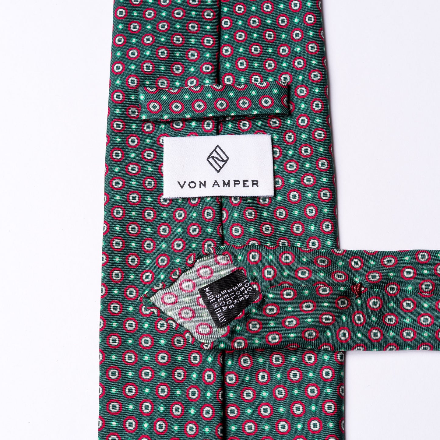 Green pure silk tie with red floral pattern