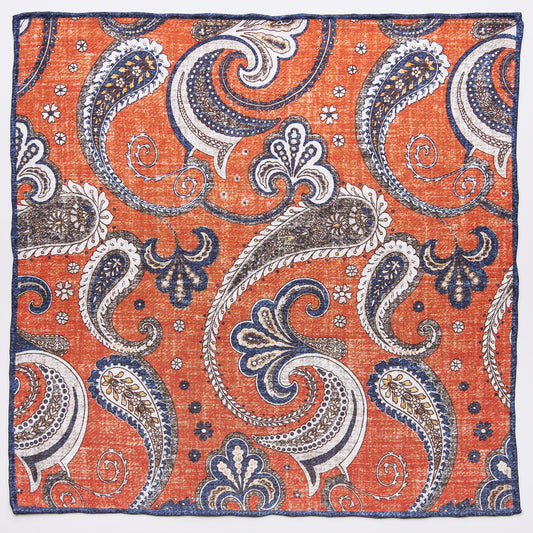 Einstecktuch mit Paisleymuster in Orange, Blau und Braun aus reiner Seide